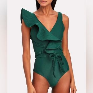 NWT green one shoulder ruffle one-piece L